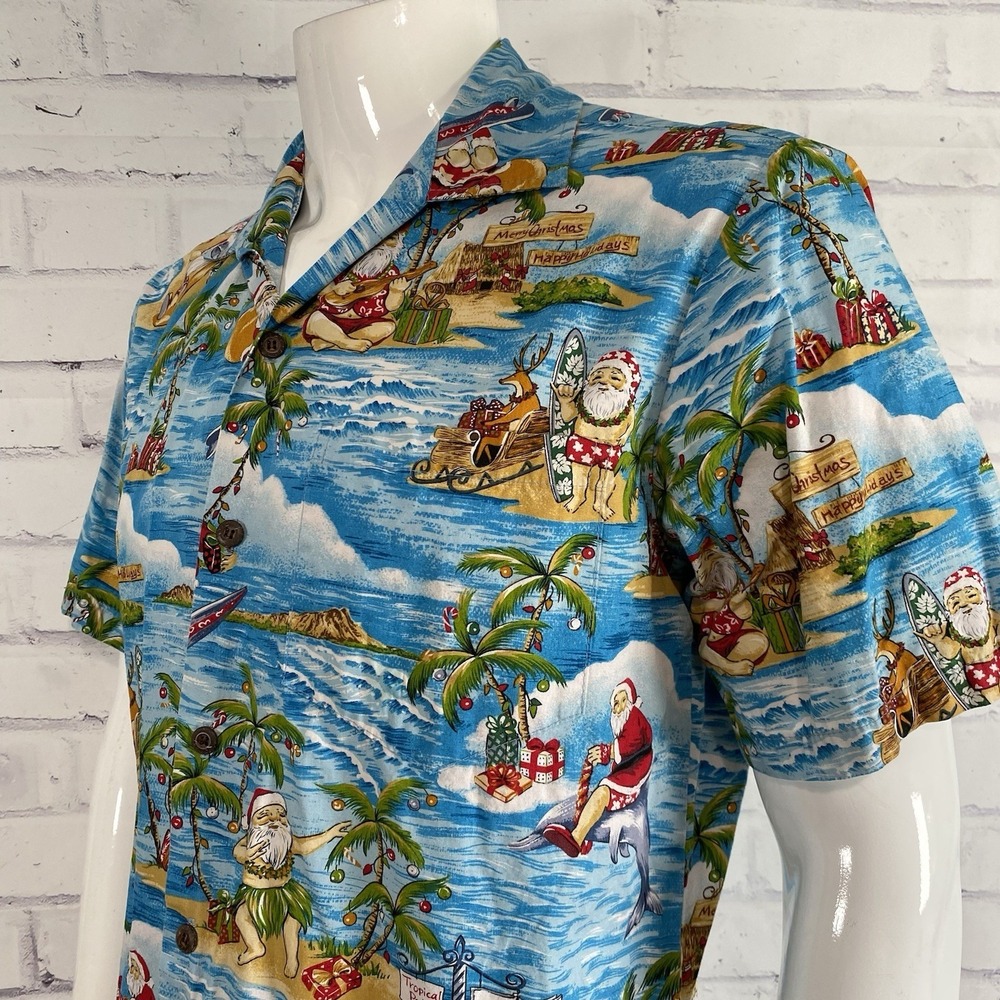 Aloha Republic Shirt Mens Medium Hawaiian Camp Shirt Christmas Santa Made in USA
